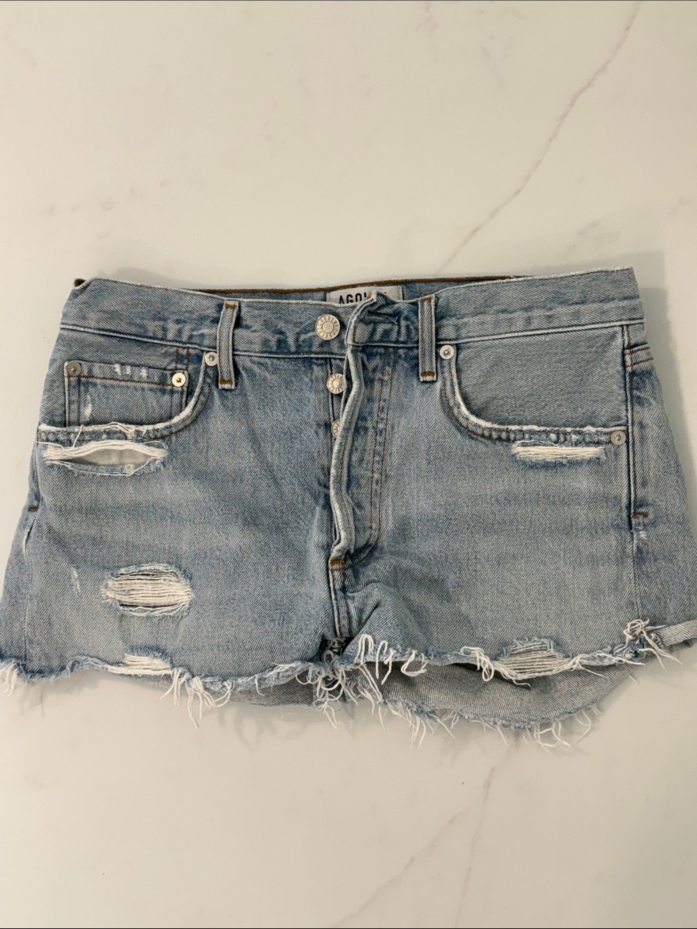 Agolde Light Blue Distressed Denim Shorts